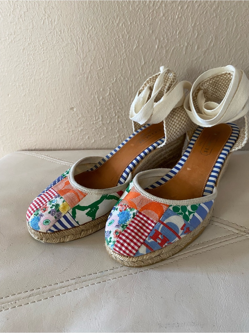 Coach Y2K Patchwork Espadrille Wedge Sandals with Ankle Tie Preppy Size 8